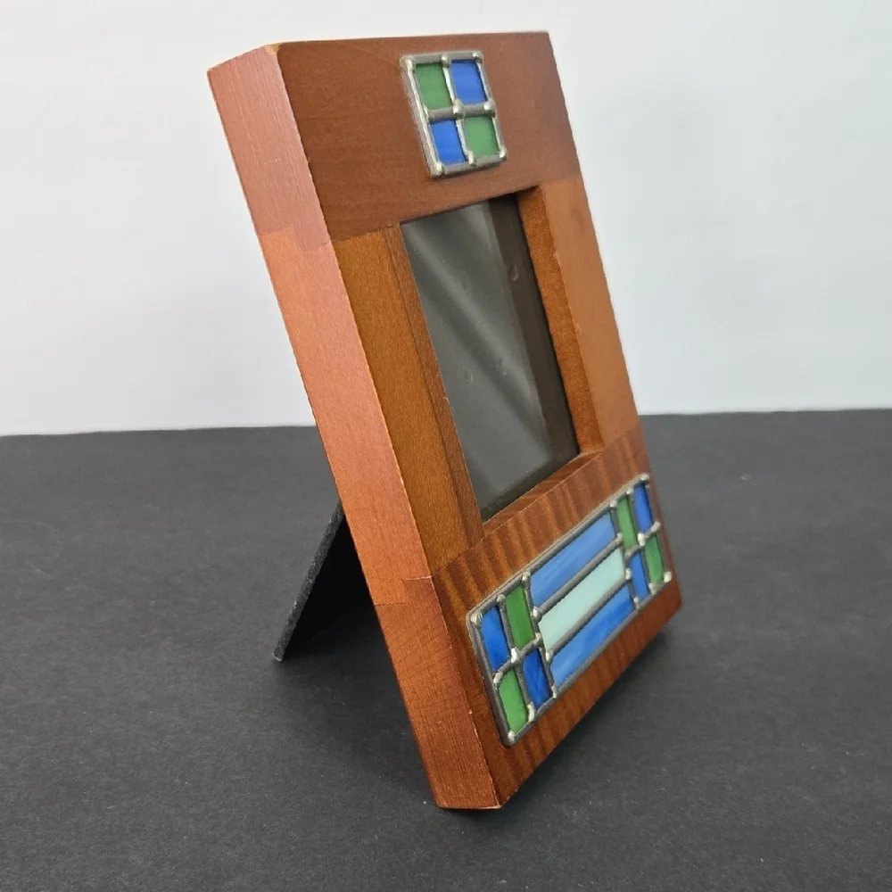 Wooden Photo Frame with Blue and Green Stained Glass Inset Accents
